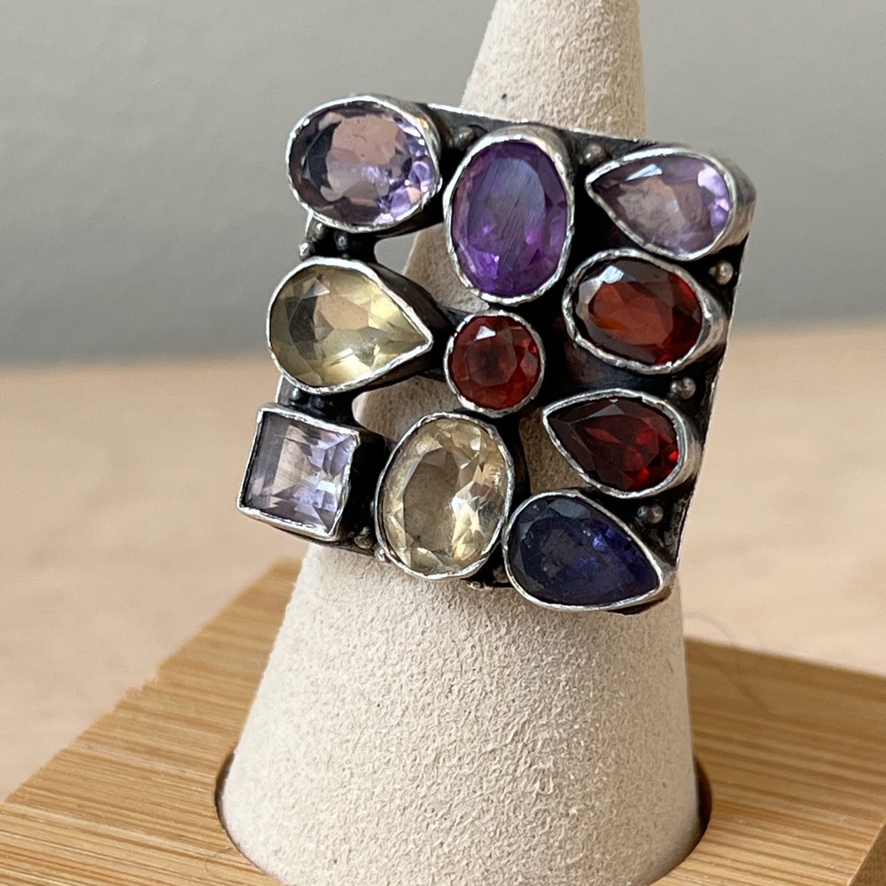 GORGEOUS Hand-made Artisan Ring. Semi-Precious Jewels-Amethyst, Citrine…Unique